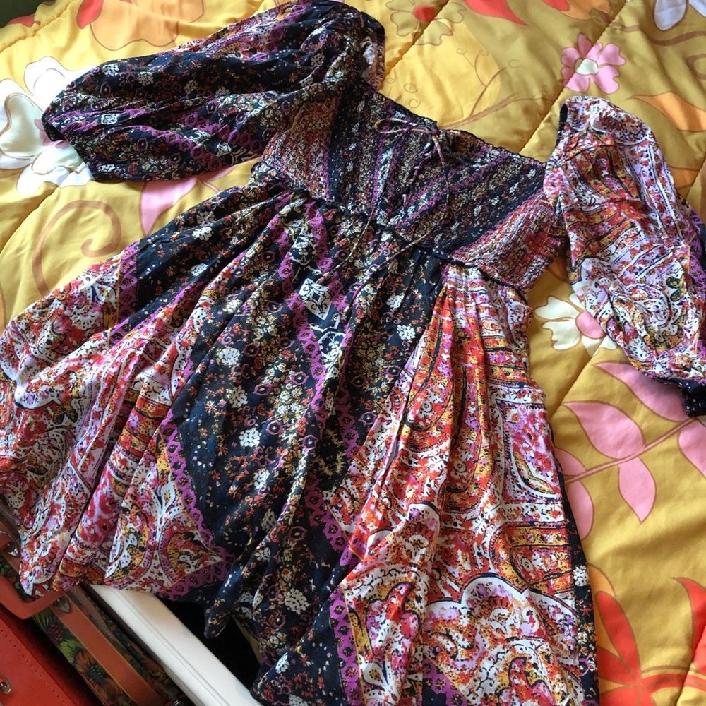 🆕Free People Patchwork Style Ruched Bodice Dress